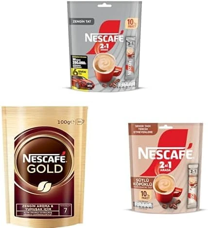 2'Si 1 Arada Çözünebilir Kahve Karışımı 10'Lu Paket X 3, Gold Çözünebilir Kahve Ekopaket 100 G X 1, 2Si1 Arada Sütlü Köpüklü X 2 ürün görseli 1