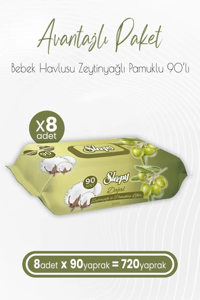 Sleepy Zeytinyağlı Pamuklu Islak Bebek Havlusu 90 Yaprak X 8 (720 Yaprak) ürün görseli 1