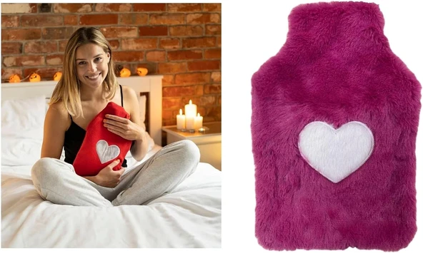 Sicak Su Torbasi Peluş Kalpli̇,Pembe Termofor 29X17Cm 750Ml ürün görseli 1