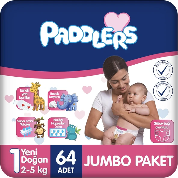 Paddlers Yenidoğan Bebek Bezi 1 Numara (2-5 Kg) 64 Adet – Paket ürün görseli 1