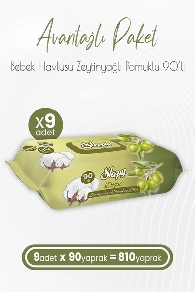 Sleepy Zeytinyağlı Pamuklu Islak Bebek Havlusu 90 Yaprak X 9 (810 Yaprak) ürün görseli 1