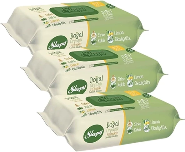 Sleepy Islak Havlu Mendil Doğal Organik Pamuklu 50 Yaprak Plastik Kapaklı 3Lü Set 150 Yaprak ürün görseli 1