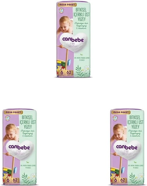 Canbebe Bebek Bezi 6 Beden (15-27 Kg) 62 Adet (3 Paketi) ürün görseli 1