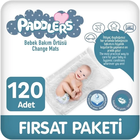 Paddlers Bebek Bakım Örtüsü 60X60 Cm – 120 Adet (12 Paket X 10’Lu) Yatak Koruyucu Alt Açma Bezi ürün görseli 1