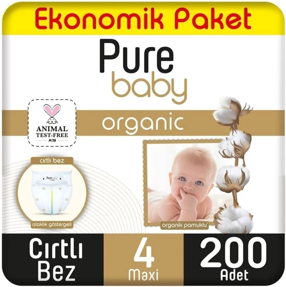Pure Baby Organik Pamuklu Cırtlı Bez Ekonomik Paket 4 Numara Maxi 200 Adet ürün görseli 1