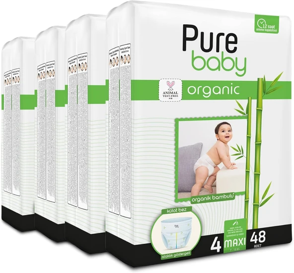 Pure Baby Organik Bambu Özlü Külot Bez 4'Lü Paket 4 Numara Maxi 192 Adet ürün görseli 1
