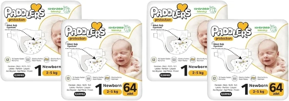 Paddlers Protection Yenidoğan Bebek Bezi 1 Numara (2-5 Kg) 128 Adet – 2’Li Set, Maksimum Koruma (2 Paketi) ürün görseli 1