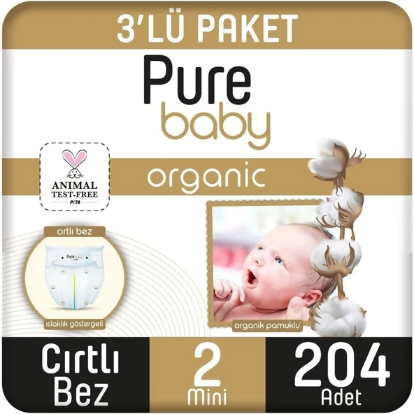 Pure Baby Organik Pamuklu Cırtlı Bez 3'Lü Paket 2 Numara Mini 204 Adet ürün görseli 1