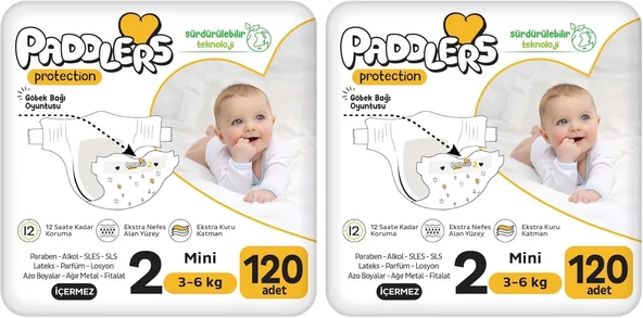 Paddlers Protection Bebek Bezi 2 Numara Mini (3-6 Kg) 120 Adet – 2’Li Set, Maksimum Koruma (2 Paketi) ürün görseli 1