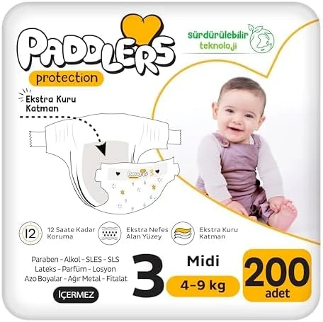 Paddlers Protection Bebek Bezi 3 Numara (200 Adet) Bakım Örtüsü Seti ürün görseli 1