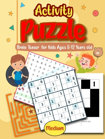 Medium Activity Puzzle Brain Teaser For Kids Ages 8-12 Years Old: Fun Activity Puzzle Book For Kids | Wordsearch, Sudoku, Tic Tac Toe, Hangman, ... | Ultimate Logic Puzzle Challenges For Kids ürün görseli 1