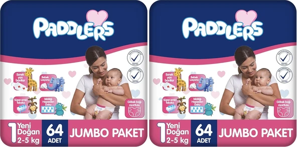 Paddlers Yenidoğan Bebek Bezi 1 Numara (2-5 Kg) 64 Adet – Paket (2 Paketi) ürün görseli 1