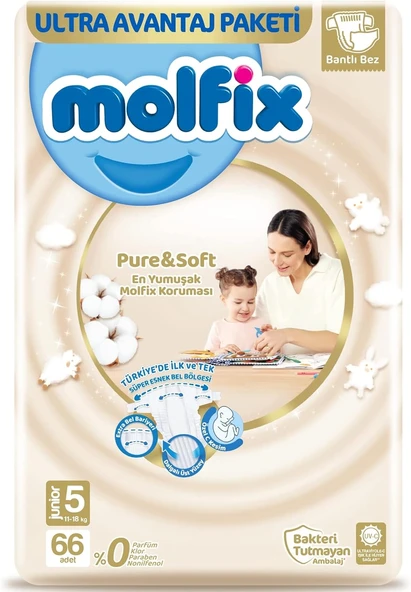 Molfix Bebek Bezi Pure&Soft Junior 5 Beden Aylık Paket 66 Adet ürün görseli 1