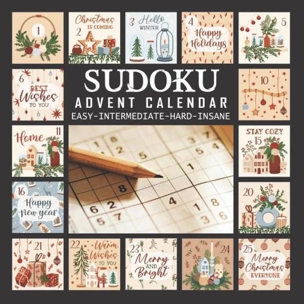 Independently Published Advent Calendar Sudoku: 25 Countdown To Christmas Sudoku Puzzles From Easy, Medium, Hard To Insane | 90 Sudokus Puzzles - 4 Puzzles Per Day | Xmas ... Christmas Activity Book ürün görseli 1