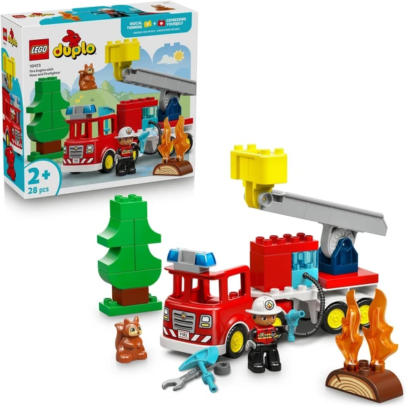Duplo Kasabası Hortumlu İtfaiye Aracı İtfaiyeci 10473-2 Yaş Üzeri Çocuklar Için İtfaiyeci Figürü, Sincap, Balta Anahtar İçeren Eğitici Oyuncak Yapım Seti, Hediye Fikri (28 Parça) ürün görseli 1
