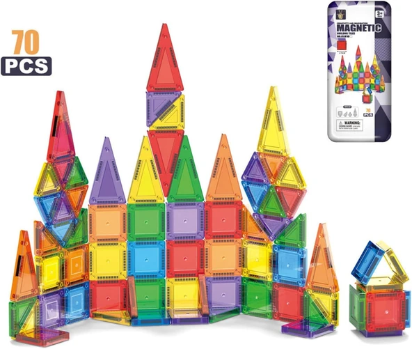 Solira Store - 70 Parça Mini Manyetik Blok Seti 3.75 Cm Güçlü Mıknatıslı Renkli 3D Yapı Oyuncak Stem Eğitici Zeka Geliştirici ürün görseli 1