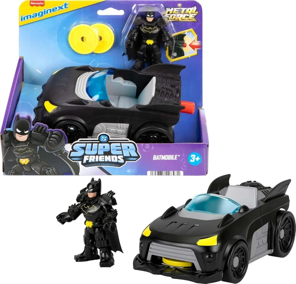 Fisher-Price Imaginext Dc Super Friends Metal Force Batmobile Oyuncak Araba, 3 Inç Batman Aksiyon Figürü Aksesuar Seti, Başlatıcı 2 Disk Dahil ürün görseli 1