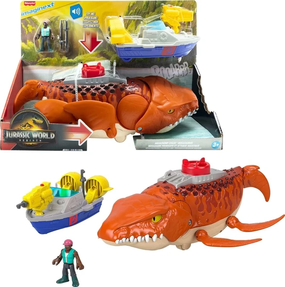 Fisher-Price Imaginext Rebirth Dev Ağızlı Mosasaurus, 45,5 Cm'Lik Dinozor Oyuncağı, 7,5 Cm'Lik Aksiyon Figürü, Fırlatıcılı Tekne 2 Cephane, Jfr23 ürün görseli 1