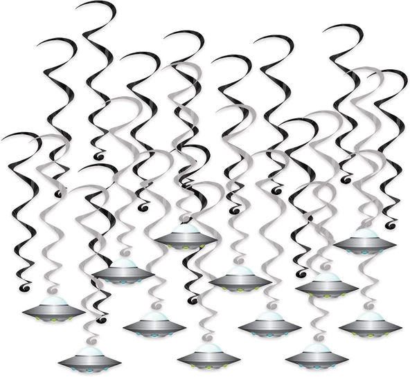Beistle 24 Parça Uçan Tabak Whirls Dış Mekan Süslemeleri Uzaylı Parti Malzemeleri Asılı Spiraller, 44,5 Cm - 63,5 Cm, Siyah/Gümüş/Beyaz/Mavi/Yeşil ürün görseli 1