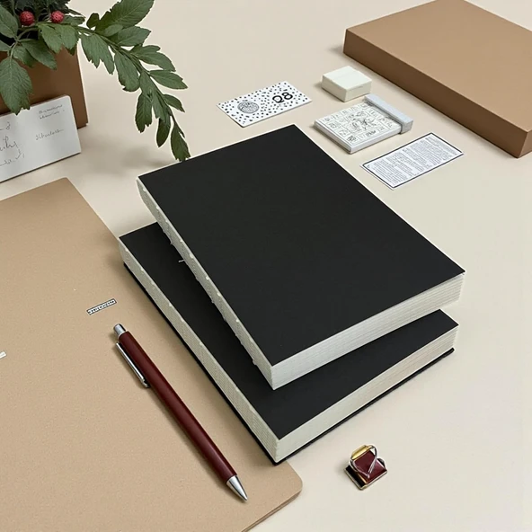 Fark Tanıtım Özel Tasarım Siyah Kraft Kapaklı A5 Çizgisiz Defter - 180 Derece Açılabilir, Sırtı Dikişli,%100 El İşçiliği, Ofis İçin İdeal, Planlayıcı (Çizgisiz) ürün görseli 1