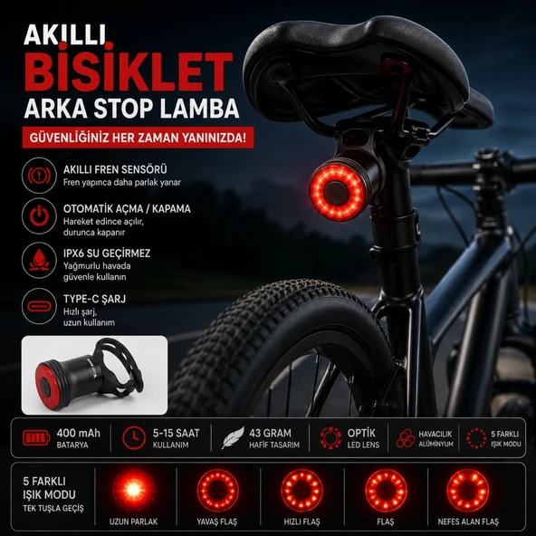 TriLine Akıllı Bisiklet Kuyruk Lambası Fren Sensörlü Type-C Şarjlı IPX6 Su Geçirmez LED Arka Stop Işığı ürün görseli 1