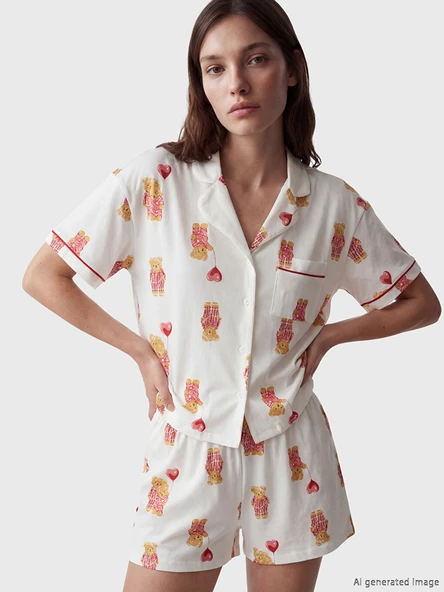 LCW DREAM Ekru Ayı Teddy Desenli Kadın Şortlu Pijama Takımı ürün görseli 1