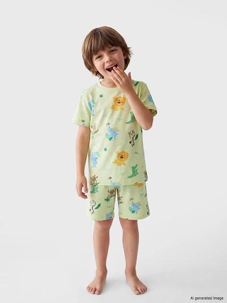 LCW Kids Yeşil Baskılı Erkek Çocuk Şortlu Pijama Takımı ürün görseli 1