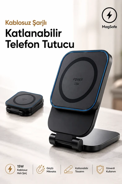 15W Kablosuz Araç Şarj Cihazı MagSafe Uyumlu Katlanabilir Manyetik Telefon Tutucu Kompakt ürün görseli 1