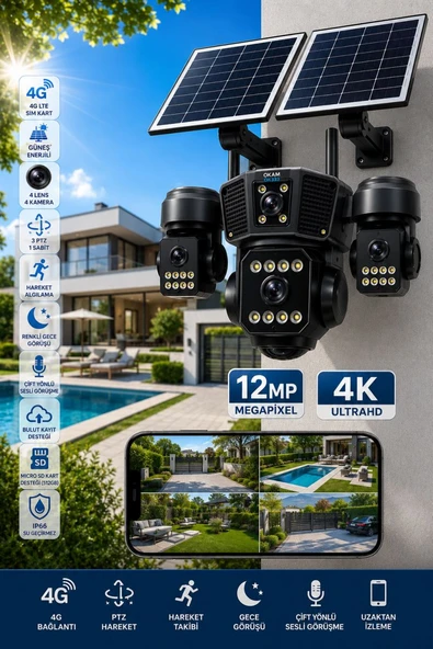 O-KAM OK333 Premium Serisi 12MP 4 Kameralı 4G Çift Solar Panel Gece Görüş ürün görseli 1