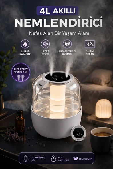 Nem Kontrollü 4L Hava Nemlendirici Dijital Ekran Çift Sprey LED Işıklı Aromaterapi Uyumlu ürün görseli 1