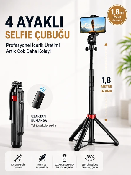 180 cm Bluetooth Selfie Çubuğu Tripod Uzaktan Kumandalı Alüminyum Karbon 4 Ayaklı Katlanabilir ürün görseli 1