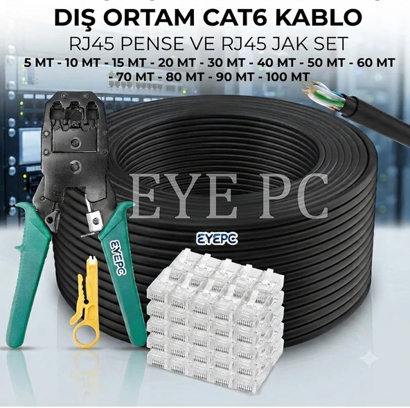 80 METRE DIŞ ORTAM CAT6 İNTERNET KABLOSU RJ45 PENSE VE 30 ADET RJ45 KONNEKTÖR SET MODEM PC TV ürün görseli 1