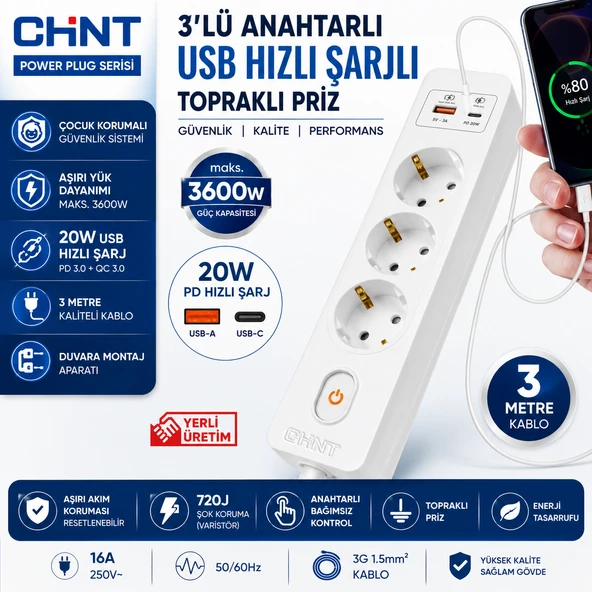 Üçlü Anahtarlı USB Hızlı Şarjlı (20W) Topraklı Priz, 3m, Çocuk Korumalı ürün görseli 1