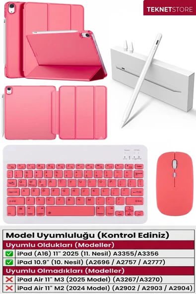 İpad 11.nesil A16 11inç/10.nesil 10.9inç Uyumlu Kılıf Avuç içi Red Kalem Bluetooth Klavye Mouse Seti  Karpuz Kırmızı ürün görseli 1