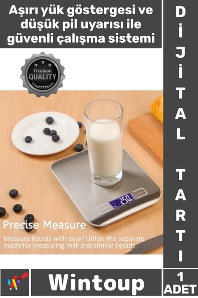 #Terazi Gümüş Metal LCD Ekran Paslanmaz Çelik + Pil Şık Lüx Dijital Mutfak Terazisi 5 Kg 1 Gr Hassas ürün görseli 1