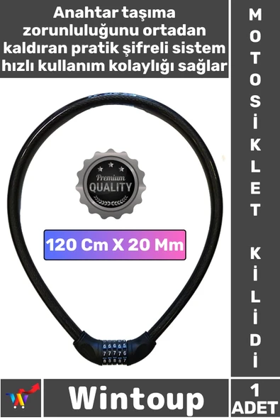#Kilit Dayanıklı Yüksek Güvenli Motor Bisiklet 120 Cm 20 Mm 5 Hane Şifreli Siyah Motosiklet Kilidi ürün görseli 1