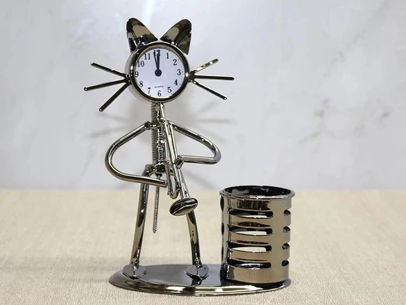 Metal Saksafon Çalan Kedi Müzisyen Saat Ve Kalemlik Alk4346 ürün görseli 1