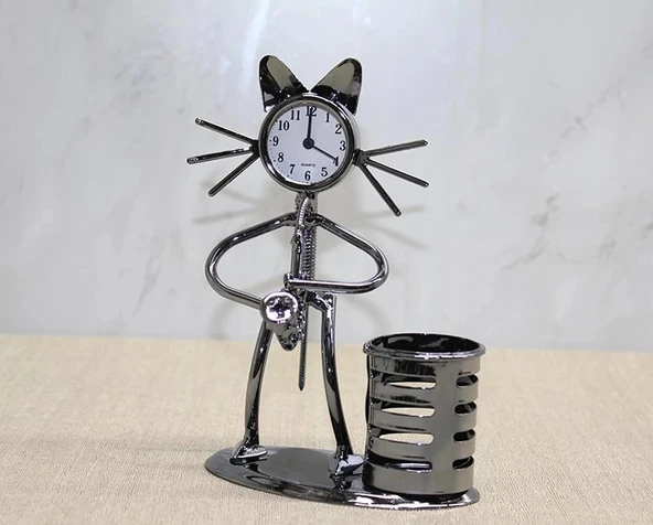 Metal Saksafon Çalan Kedi Müzisyen Saat Ve Kalemlik Alk4343 ürün görseli 1
