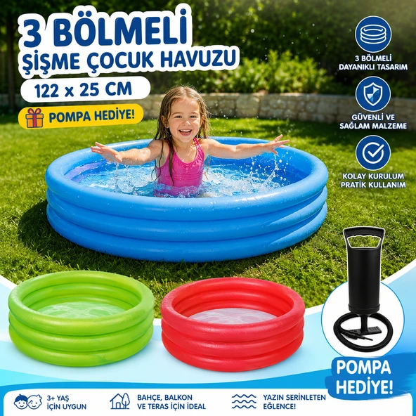 3 Bölmeli Şişme Çocuk Havuzu 122x25 CM Dayanıklı Bahçe ve Balkon Havuzu  El Pompası Hediyeli ürün görseli 1