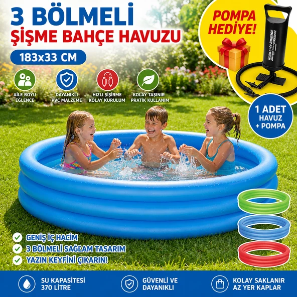 183x33 cm 3 Bölmeli Şişme Bahçe Havuzu Çocuk ve Aile Havuzu  El Pompası Hediyeli ürün görseli 1