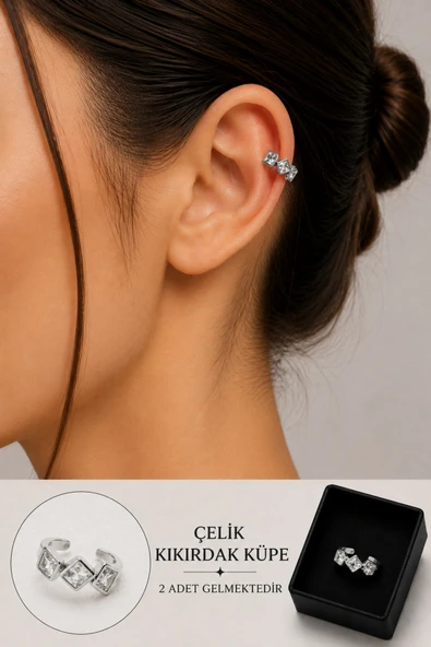 2'li Zirkon Taşlı Detaylı Kıkırdak Küpe/Earcuff/Conch (Delik Gerekmez) ürün görseli 1
