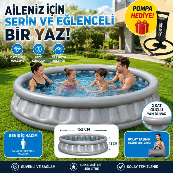 Şişme Aile Havuzu 152x43 cm Metalik Gri  Bahçe ve Balkon Çocuk Havuzu El Pompası Hediyeli ürün görseli 1