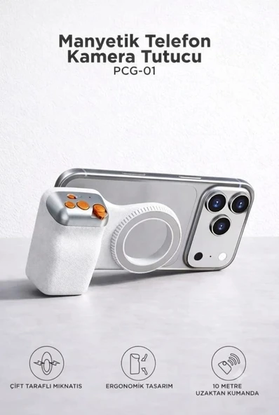 Telefon Tutucu Mıknatıslı Magsafe Uyumlu Bluetooth Deklanşör Kumandalı Tutucu PCG01 Beyaz ürün görseli 1
