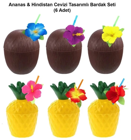 Ananas  Hindistan Cevizi Tasarımlı Pipetli Bardak Seti (6 Adet) ürün görseli 1