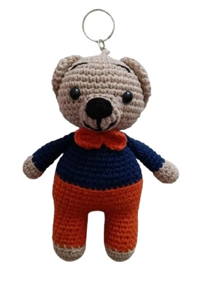 Maskot Turuncu Lacivert Papyonlu Ayıcık Amigurumi Organik Anahtarlık Oyuncak ürün görseli 1