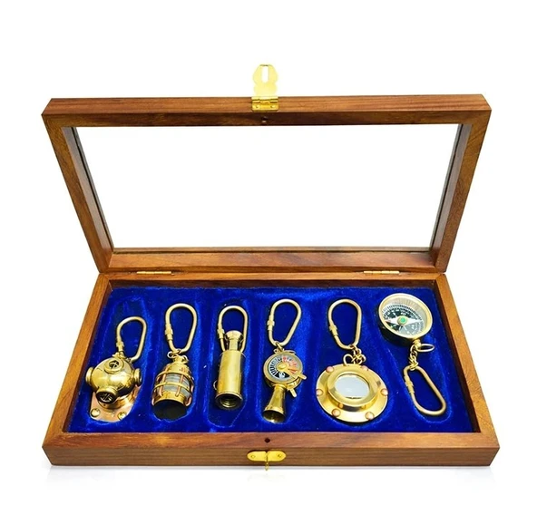 Ahşap Kutulu Denizci Temalı Pirinç Anahtarlık Seti Key-0285 ürün görseli 1