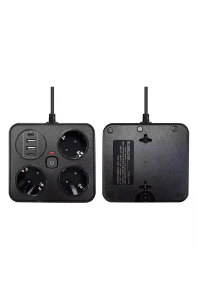 Akım Korumalı Anahtarlı Priz - 3x Priz - 2x Usb - 2x Type-c - 2 Mt Kablo Hızlı Şarj Özellikli Siyah ürün görseli 1