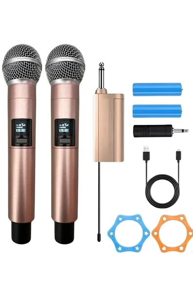 Profesyonel Çiftli Kablosuz Mikrofon Seti Karaoke Şarj Edilebilir 50 Metre Mesafe Rose ürün görseli 1