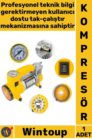 #Kompresör 12V Çakmaklık Girişli Taşınabilir Metal Lastik Şişirme 150 PSI 35 LPM Oto Hava Kompresörü ürün görseli 1