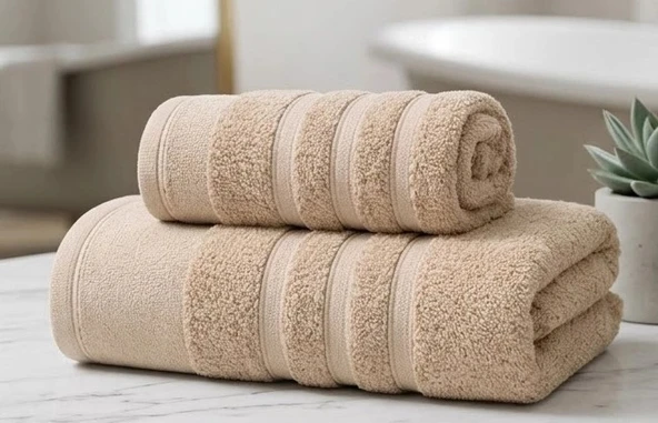 Ayla Bej Ultra Emici Doğal Pamuklu 2'li Banyo Havlu Seti ürün görseli 1